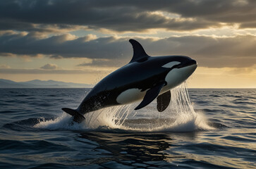 Fototapeta premium an orca breaches the water’s surface