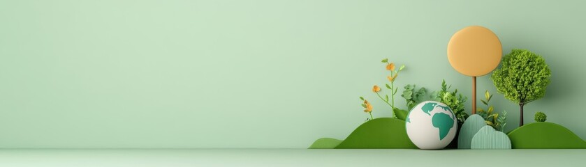 Minimalist nature-inspired scene with abstract trees and shapes on a pastel green background.