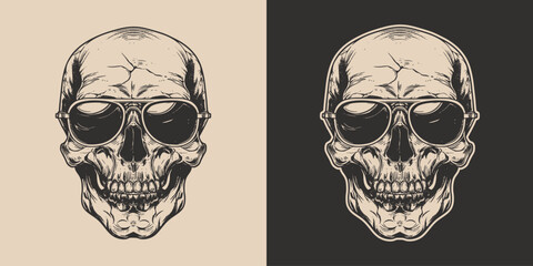 Vintage retro engraving woodcut style sketch draw paint of anatomy skull skeleton head portrait with sunglasses hipster style illustration