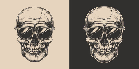 Vintage retro engraving woodcut style sketch draw paint of anatomy skull skeleton head portrait with sunglasses hipster style illustration
