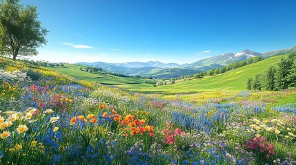 Fototapeta premium Lush spring garden landscape with blooming flowers, gentle rolling hills under clear blue sky, spring flower garden, picturesque landscape