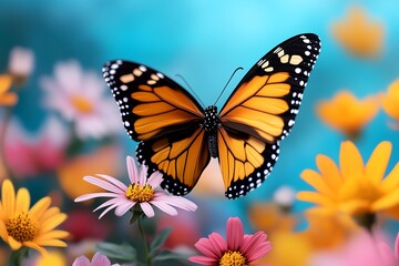 Fototapeta premium Butterfly soaring above a field of wildflowers, illustrated with the butterflyâ€™s graceful flight set against a backdrop of colorful blooms