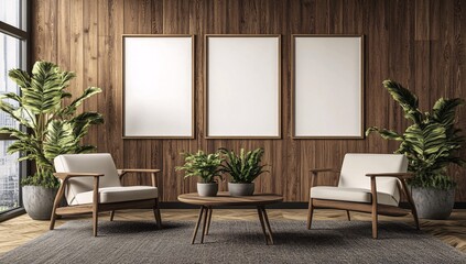 Modern Living Room Interior with Wooden Wall and Minimalist Furniture