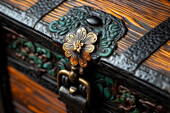 Antiques with a rich patina, illustrated with close-up details of aged wood, brass, and leather, showing the beauty of time-worn surfaces