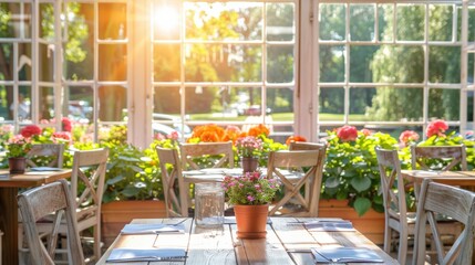 Sunlit cafe with rustic wooden tables, chairs surrounded by blooming flowers outside large windows, warm sunlight streaming in creates cozy inviting, making it ideal spot meal or coffee break.