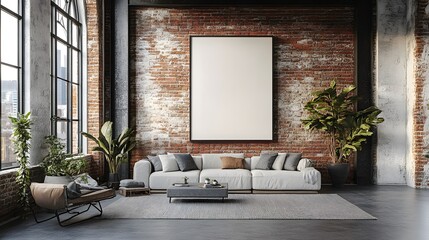 Industrial-style living room loft with exposed brick walls and a large frame mockup