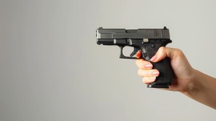 Hand gripping a firearm against a blurred gray backdrop, ideal for text insertion and emphasis
