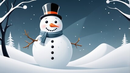 A cheerful cartoon snowman wearing a top hat and a colorful scarf, standing against a snowy background.