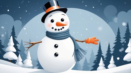 Fototapeta premium A cheerful cartoon snowman wearing a colorful hat and scarf, standing happily in a snowy landscape.