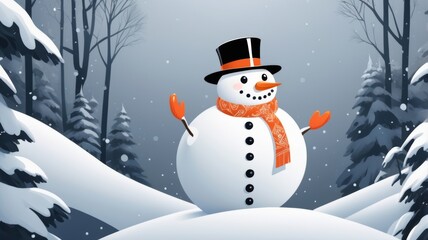 Obraz premium A cheerful cartoon snowman wearing a top hat and a colorful scarf, standing against a snowy background.