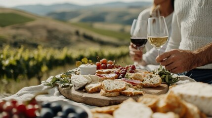 An idyllic setting where a couple enjoys a meal with an assortment of breads and cheeses with glasses of wine, set against rolling hills of a vineyard in daylight.