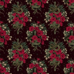 A detailed floral pattern featuring red flowers and green serpents on a dark background