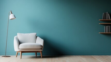 An elegant lounge chair with wooden legs next to a tall floor lamp, both set against a rich teal background, exemplifying a stylish and serene interior design setup.