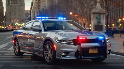 Police car with flashing blue and red emergency lights against a vibrant city skyline at night