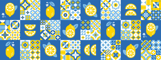 Lemons, slices and leaves on blue Mediterranean tiles.Modern abstract geometric background.Traditional Portuguese, Spanish ornaments and motifs. Vector illustration.Simple icons in flat style.