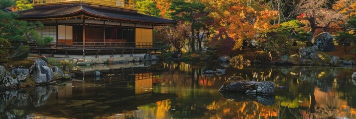 Golden-hued foliage adorns a tranquil Japanese garden radiating autumnal beauty amid the vibrant Koyo season