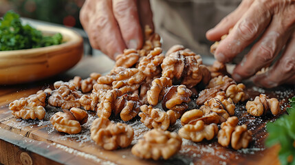 Hand cracking walnuts open on a wooden board, natural brain food
