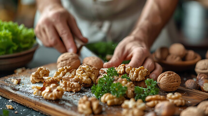 Hand cracking walnuts open on a wooden board, natural brain food