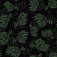 Lush green foliage pattern on a deep black background showcasing intricate leaf designs