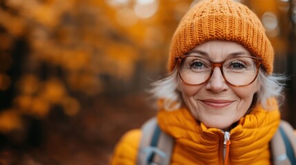 An elderly woman with white hair and glasses wearing an orange knitted hat and jacket, smiling warmly in an autumn nature setting, reflecting contentment and peace.