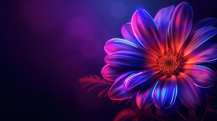 A vibrant flower with neon-like glowing petals in purple and pink hues, creating a dramatic and surreal visual effect against a dark background.