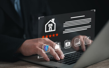 businessman carefully examines a house or contract, scrutinizing every detail to ensure an informed and profitable decision. focus guarantees success in renting, purchasing, or selling properties.	