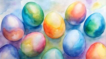 Vibrant colorful eggs arranged in artistic watercolor style on a soft pastel background