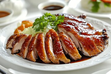 Peking duck is served on a white plate