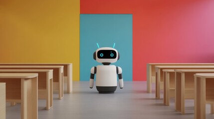 A futuristic classroom with AI-driven robots providing personalized assistance to children with autism, featuring adaptive learning modules and calming environments