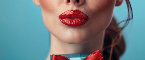 Obraz premium Woman with Red Lips and Gift Box