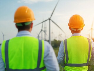 Green energy tech, diverse engineers working together, sustainable city backdrop, 3D illustration