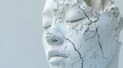 White plaster cracked female face sculpture art concept fragile beauty skin problems decay and damage over time