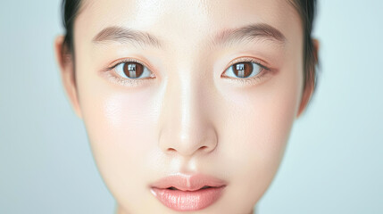 Obraz premium Close Up Portrait of Young Asian Woman with Healthy Glowing Skin and Minimal Makeup Looking at Camera on Blue Background for Skincare, Beauty and Wellness Concept Banner