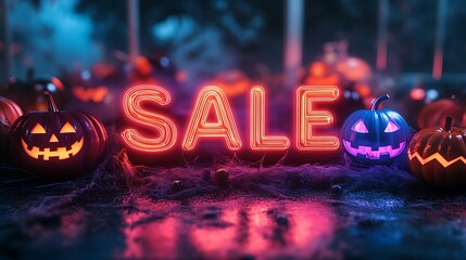 Neon sale sign with glowing pumpkins, perfect for Halloween shopping promotions and spooky themed sales events.