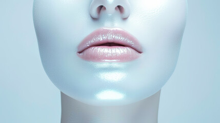 Close-up of Woman's Face with Shimmering Makeup and Glossy Lips in Fashion Beauty Shoot with Cool Tones and Copy Space