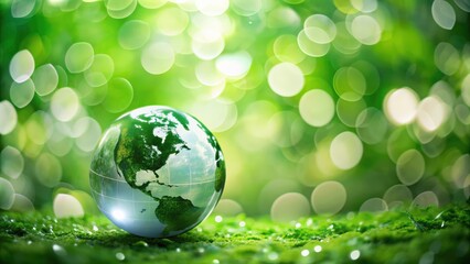 Green bokeh background with the world globe, concept of saving the environment , save the world, environment