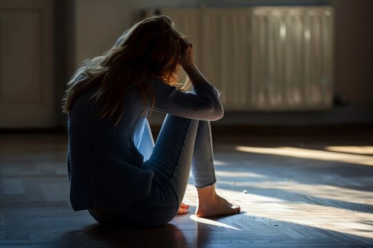 Distressed Woman Sitting on the Floor, Victim of Gender-Based Violence for International Day for the Elimination of Violence Against Women.