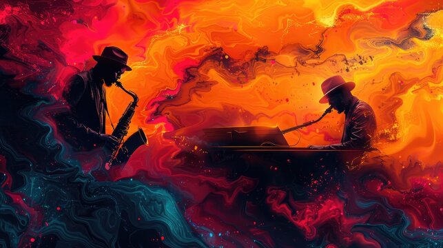 A striking abstract image featuring two saxophonists playing against a dramatic and fiery backdrop, capturing the intense emotion and improvisational nature of jazz music.