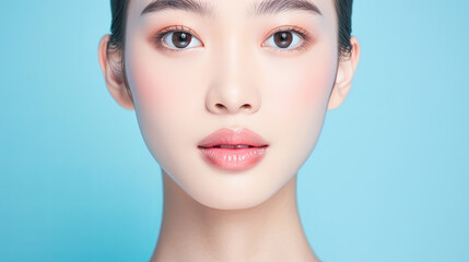 Obraz premium Beautiful Young Asian Woman with Flawless Skin, Natural Makeup, and a Soft Pink Lip on a Blue Background - Beauty and Skincare Concept