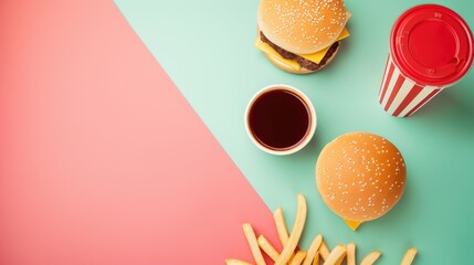 Fast food items placed in a geometric arrangement on a pastel background