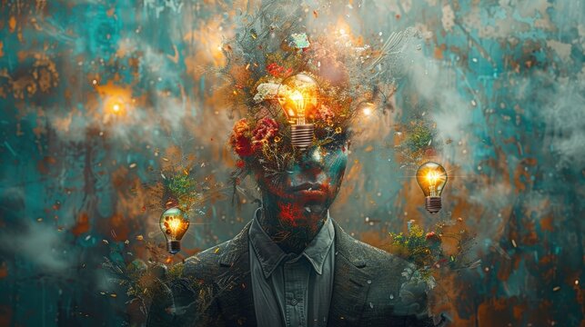 A person in a suit stands against a dreamy background, with their head exploding into various light bulbs and flora, symbolizing ideas and enlightenment.