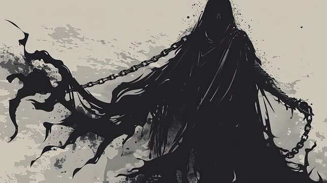 a ghost with a scary face and chains, Halloween element, vector art, dark shades, isolated on white background.