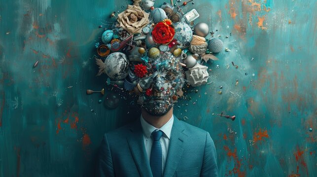 A businessman in a suit with a head exploding into various colorful objects, representing creativity and complex thoughts against a textured teal background.