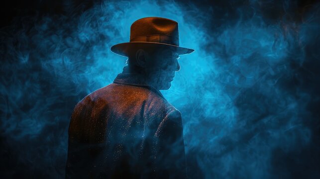 A lone mysterious figure wearing a hat stands against a backdrop of swirling blue smoke, encapsulating an enigmatic and secretive atmosphere.