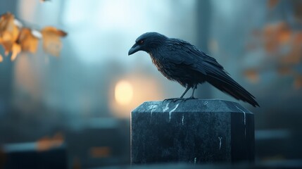 Sinister crow on a gravestone, dark Halloween night, 3D illustration