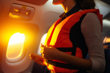 Close-up of a flight attendant demonstrating safety procedures with a life vest in a well-lit aircraft cabin.