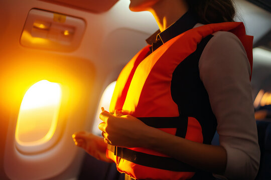 Close-up of a flight attendant demonstrating safety procedures with a life vest in a well-lit aircraft cabin.
