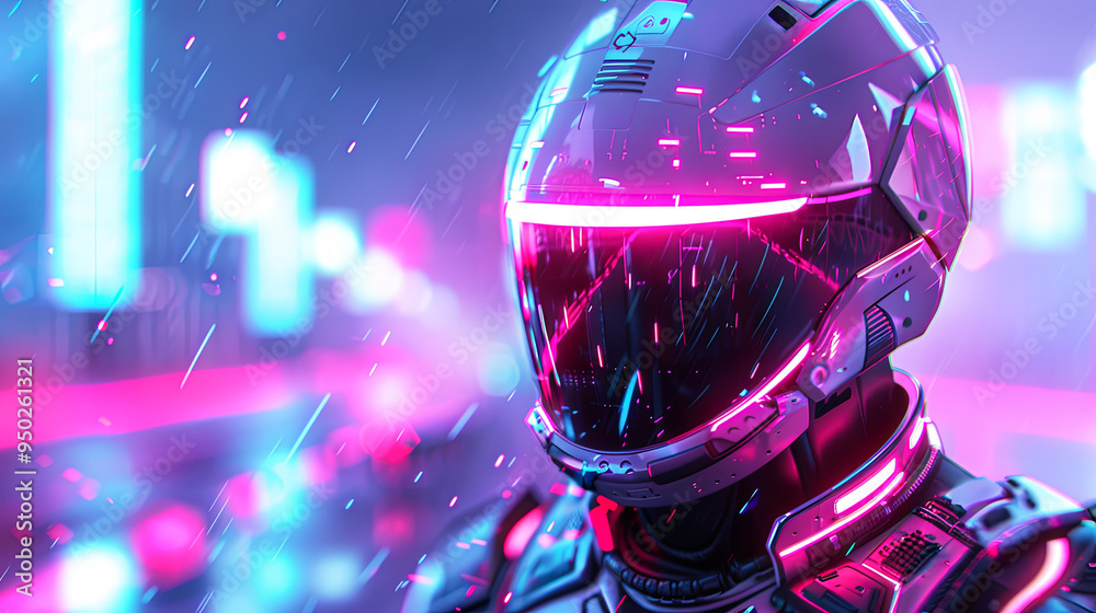 Wall mural Futuristic Cyberpunk Cyborg with Neon Helmet in Digital Cityscape Cyberpunk Portrait 3D Render