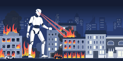 Angry crazy giant AI robot destroying the city
