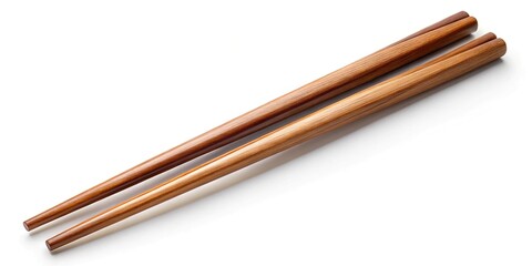Empty pair of wooden chopsticks lying diagonally on a white background, ready for customization with food, text, or other design elements.